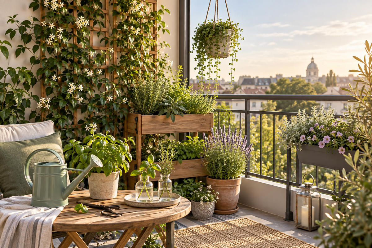 Bright compact balcony garden with practical growing tools