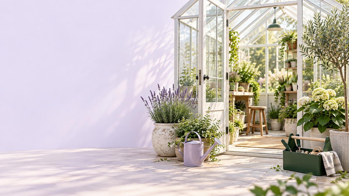 Sunlit greenhouse and garden tools with clear left-side copy space