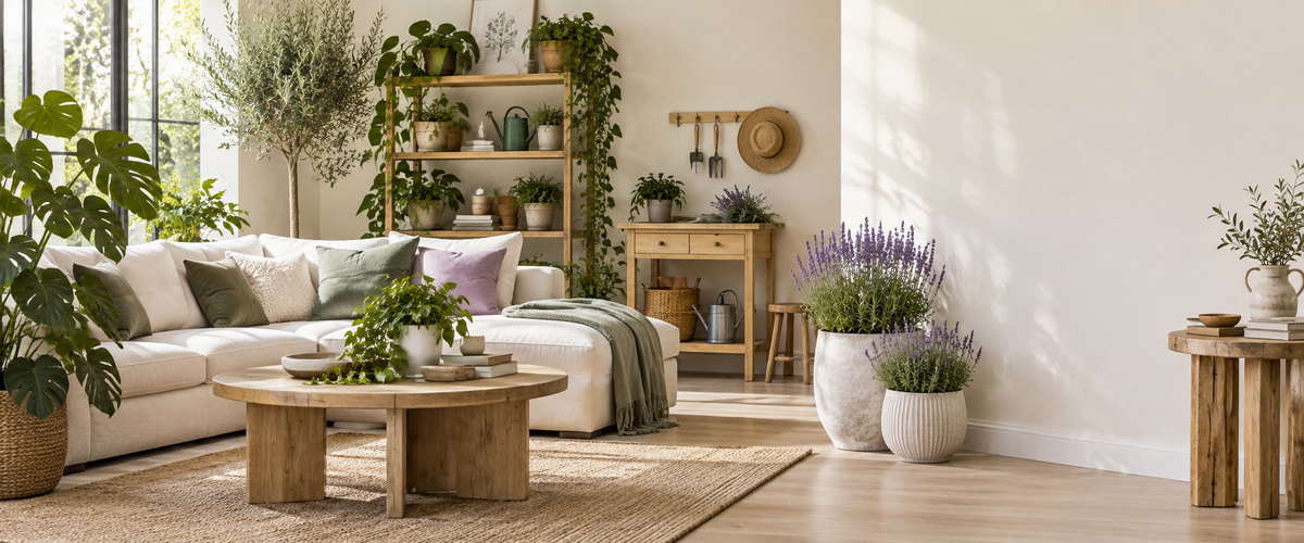 Serene plant-filled living room with clear right-side copy space