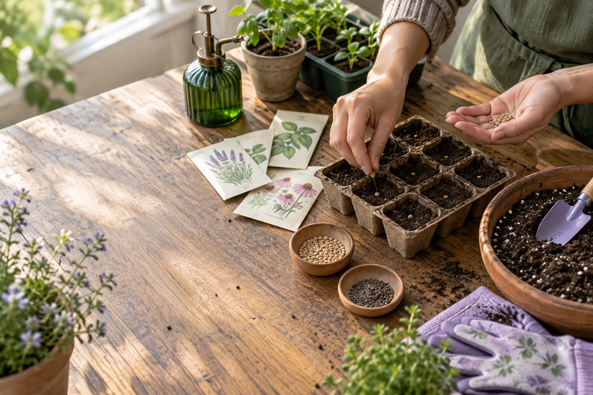 Hands sowing seeds at a bright gardening table